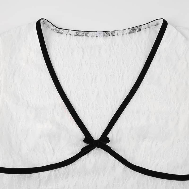 Lace bow V-neck see-through T-shirt