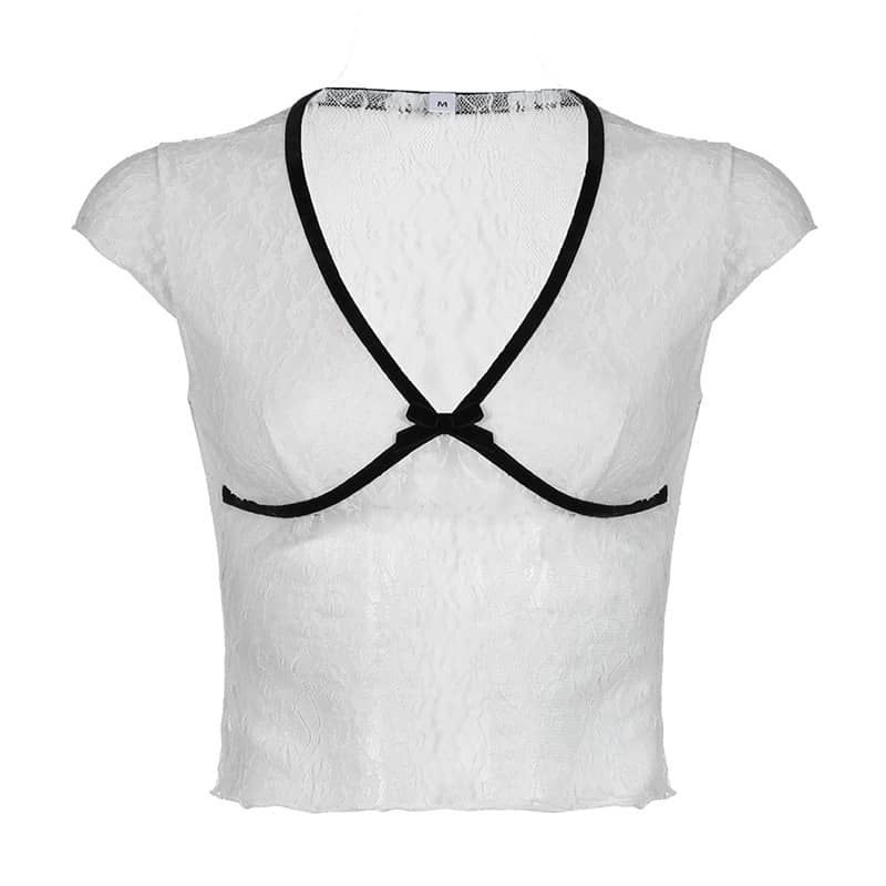 Lace bow V-neck see-through T-shirt