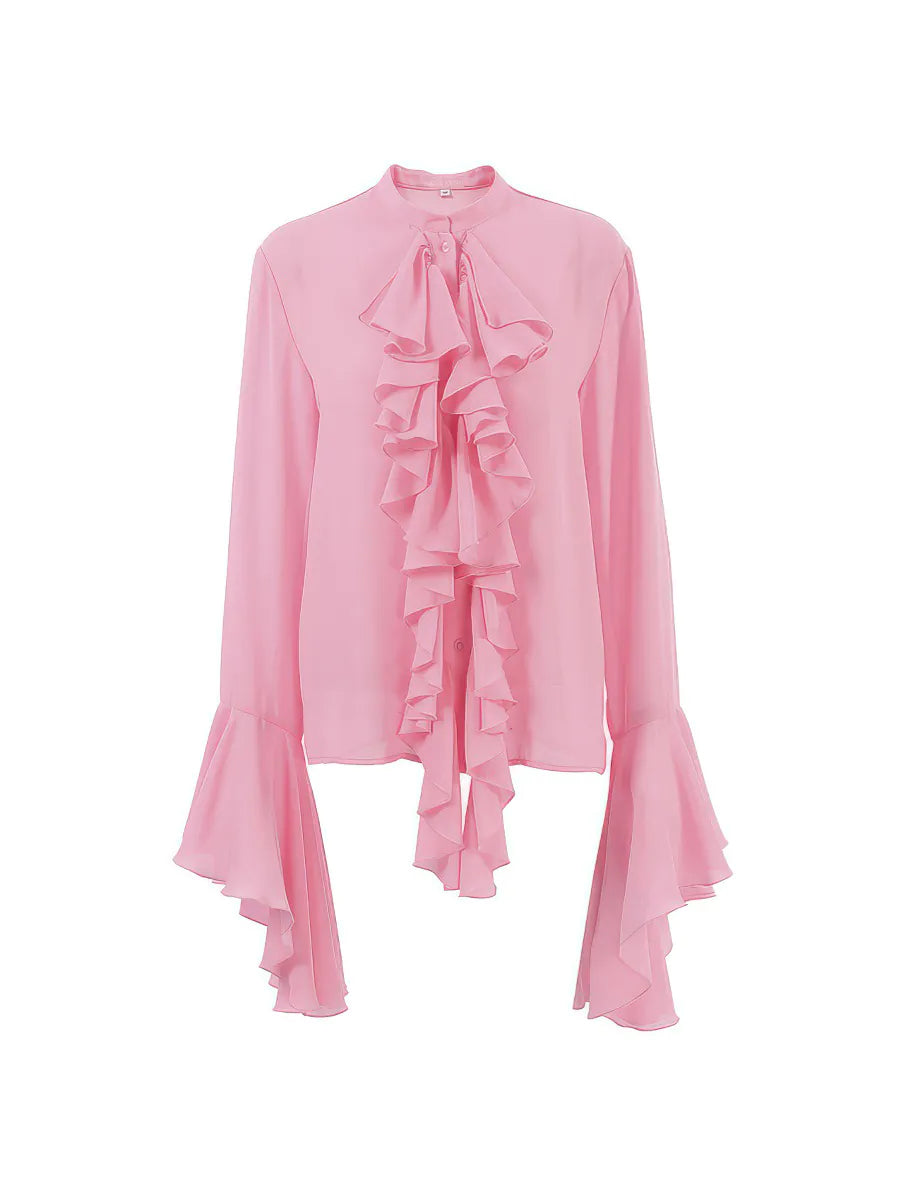 Pink blouse with ruffle details on a white background #Color_Pink
