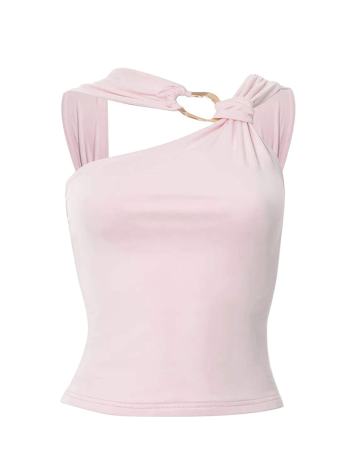 Pink one-shoulder top with a knot detail on a white background #Color_Pink