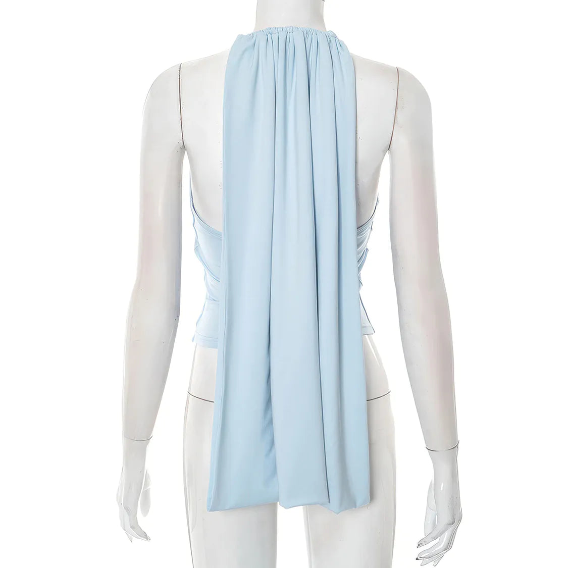 Mannequin wearing a light blue scarf draped over one shoulder on a white background #Color_LightBlue
