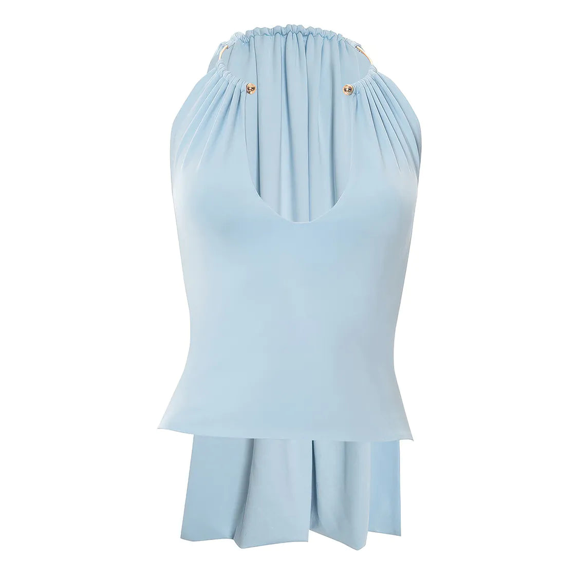 Light blue halter top with ruched details on a white background #Color_LightBlue