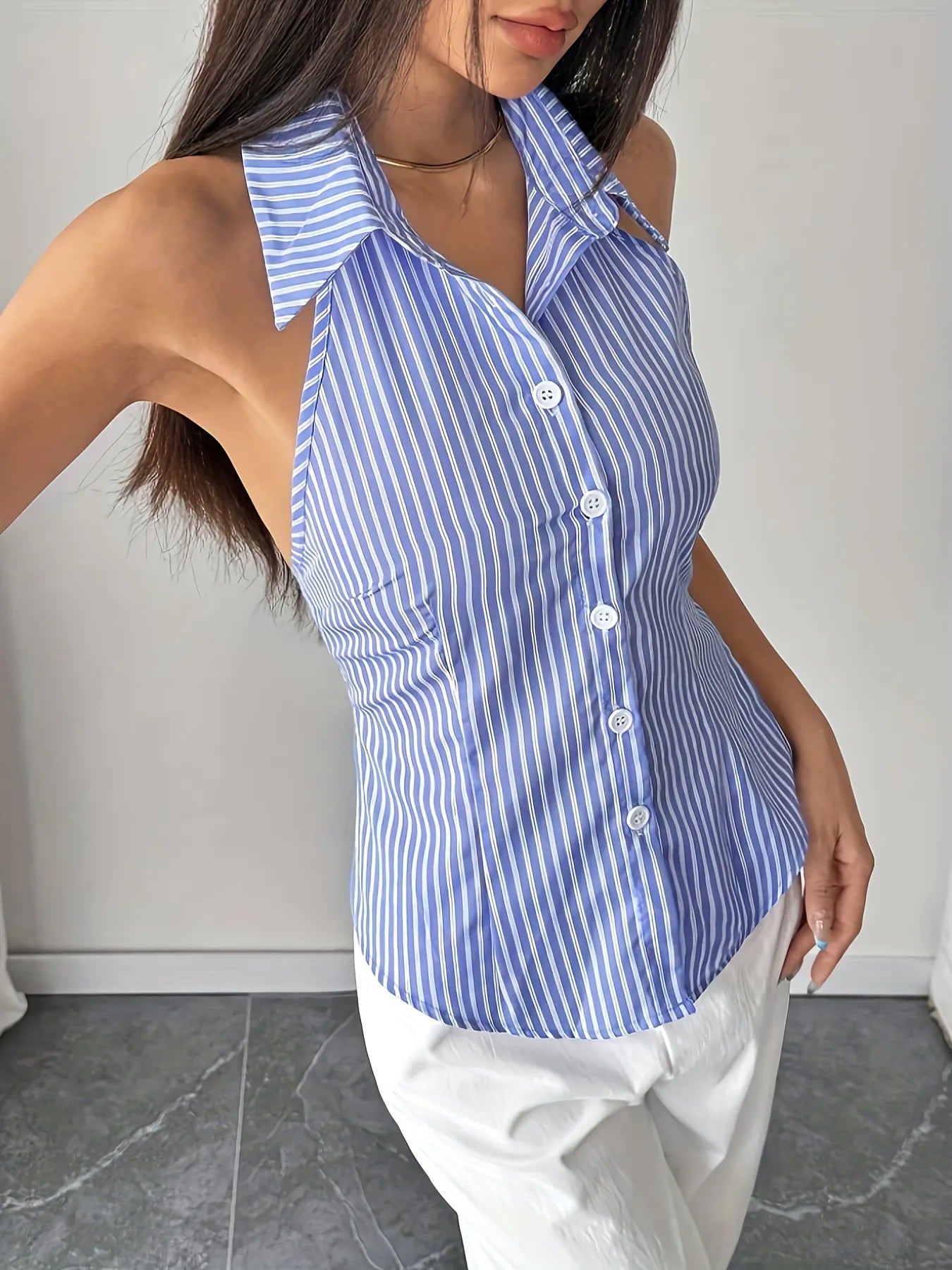 Striped Sleeveless Open-Back Shirt