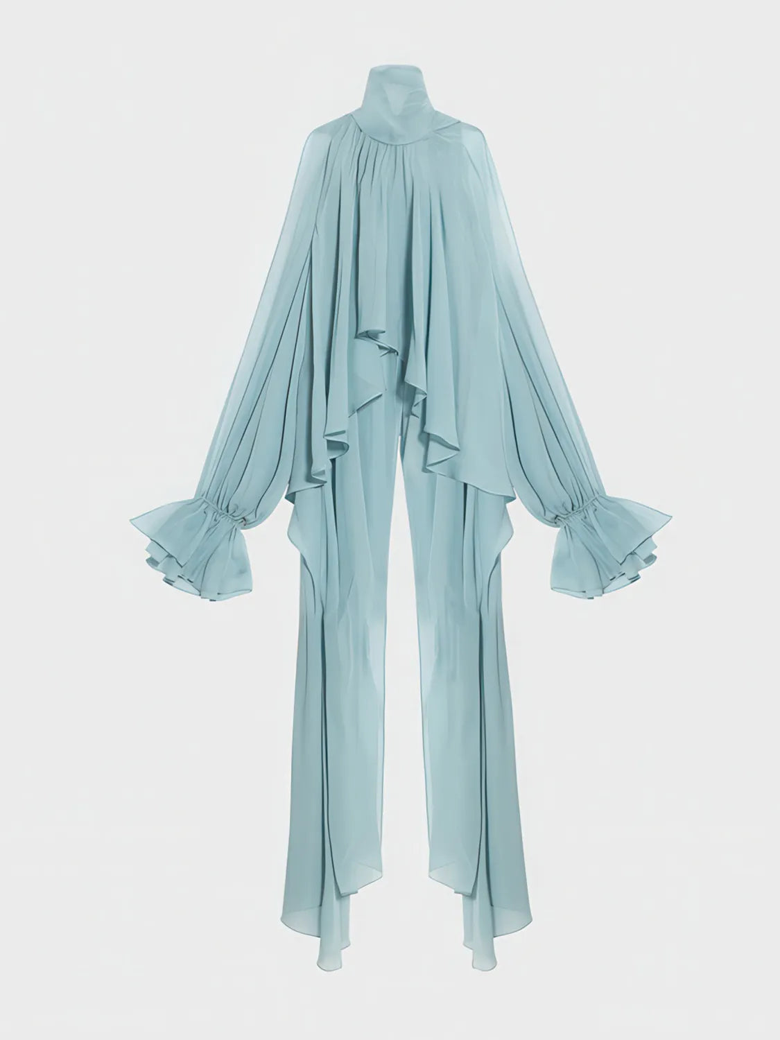 Light blue outfit with long sleeves and flowing design on a white background. #Color_Blue