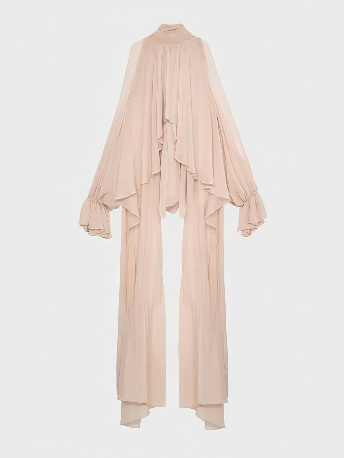 Blush pink outfit with long sleeves and layered design on a white background. #Color_Pink