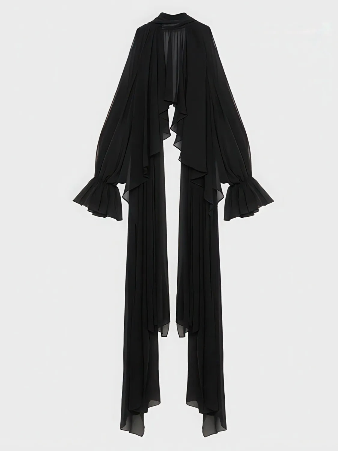 Black long-sleeve top with ruffled details on a white background. #Color_Black