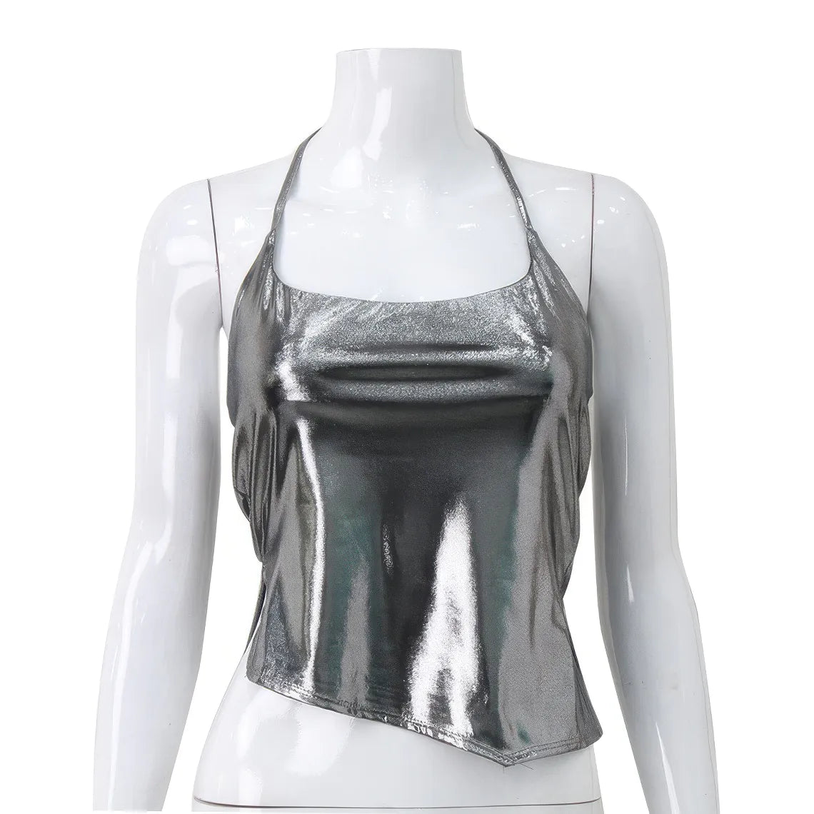 Silver tank top on a mannequin against a white background