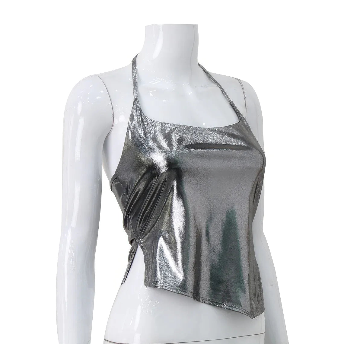 Silver halter top on a mannequin against a white background