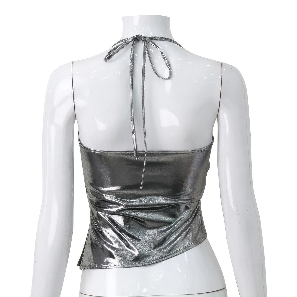 Silver top on a mannequin against a white background