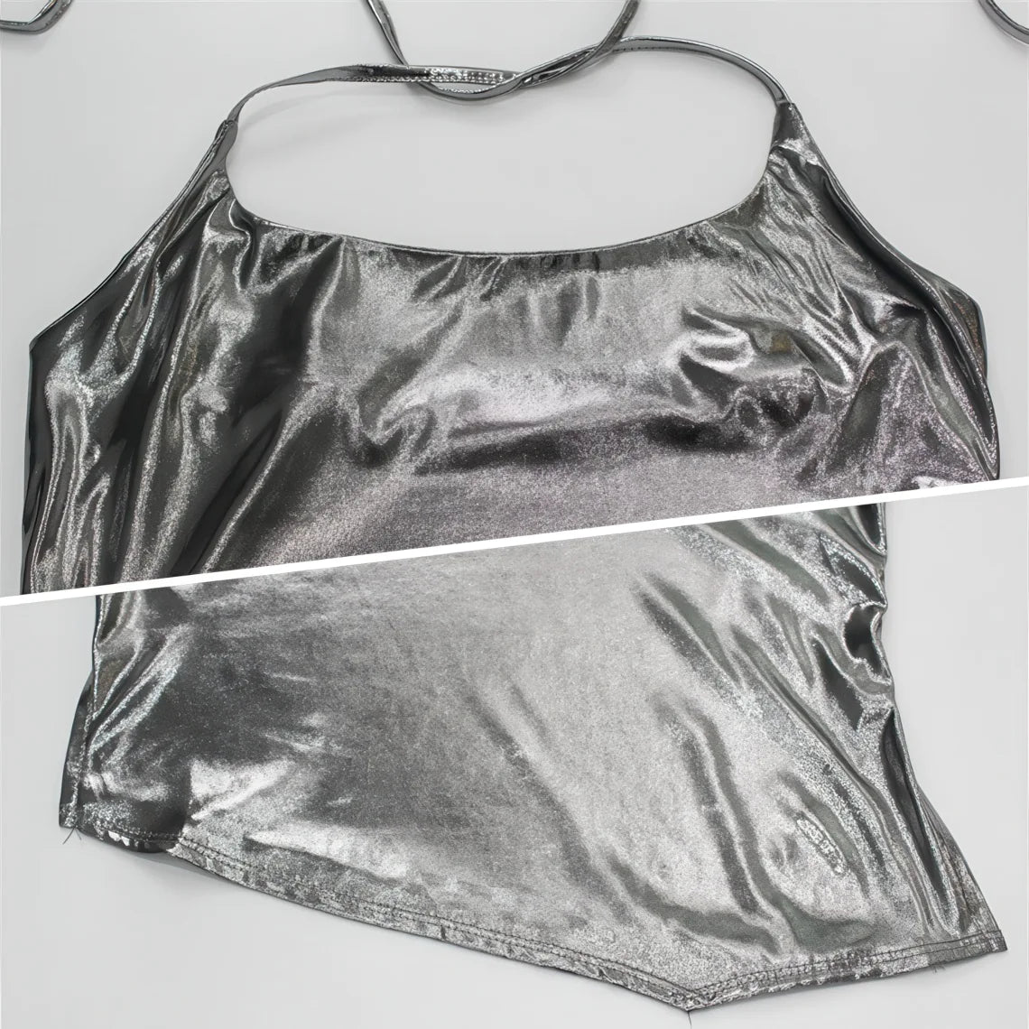 silver crop top on a white background