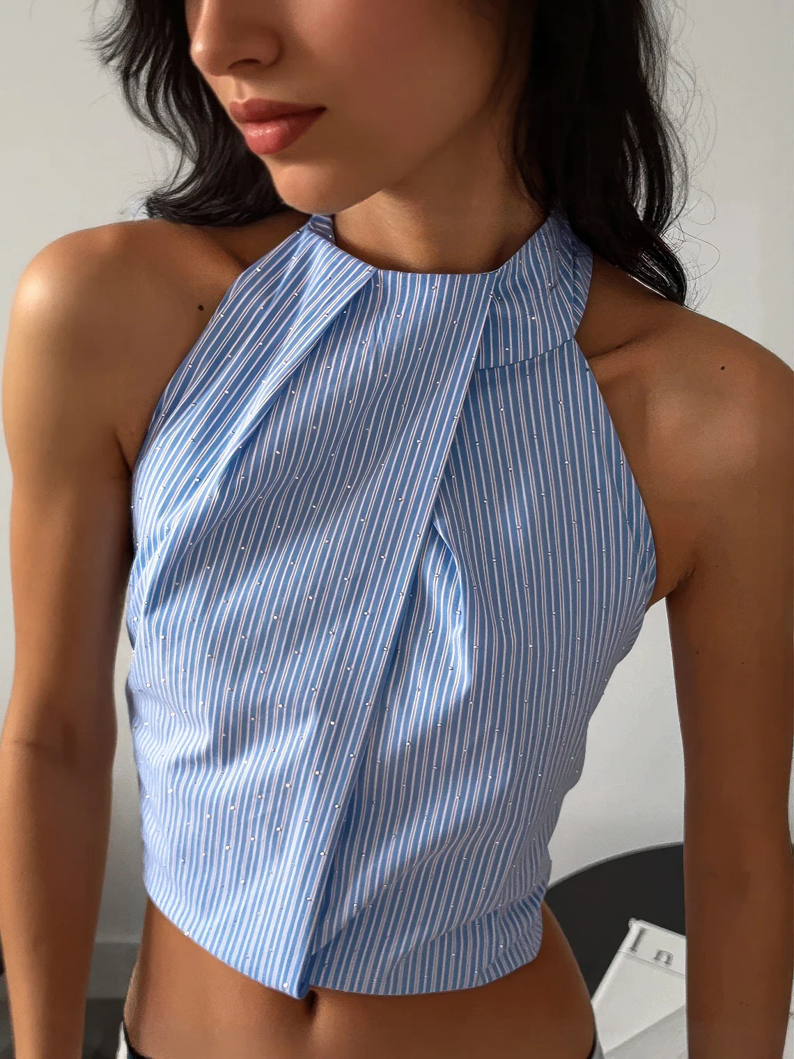 Halter Neck Backless Striped Tank Top