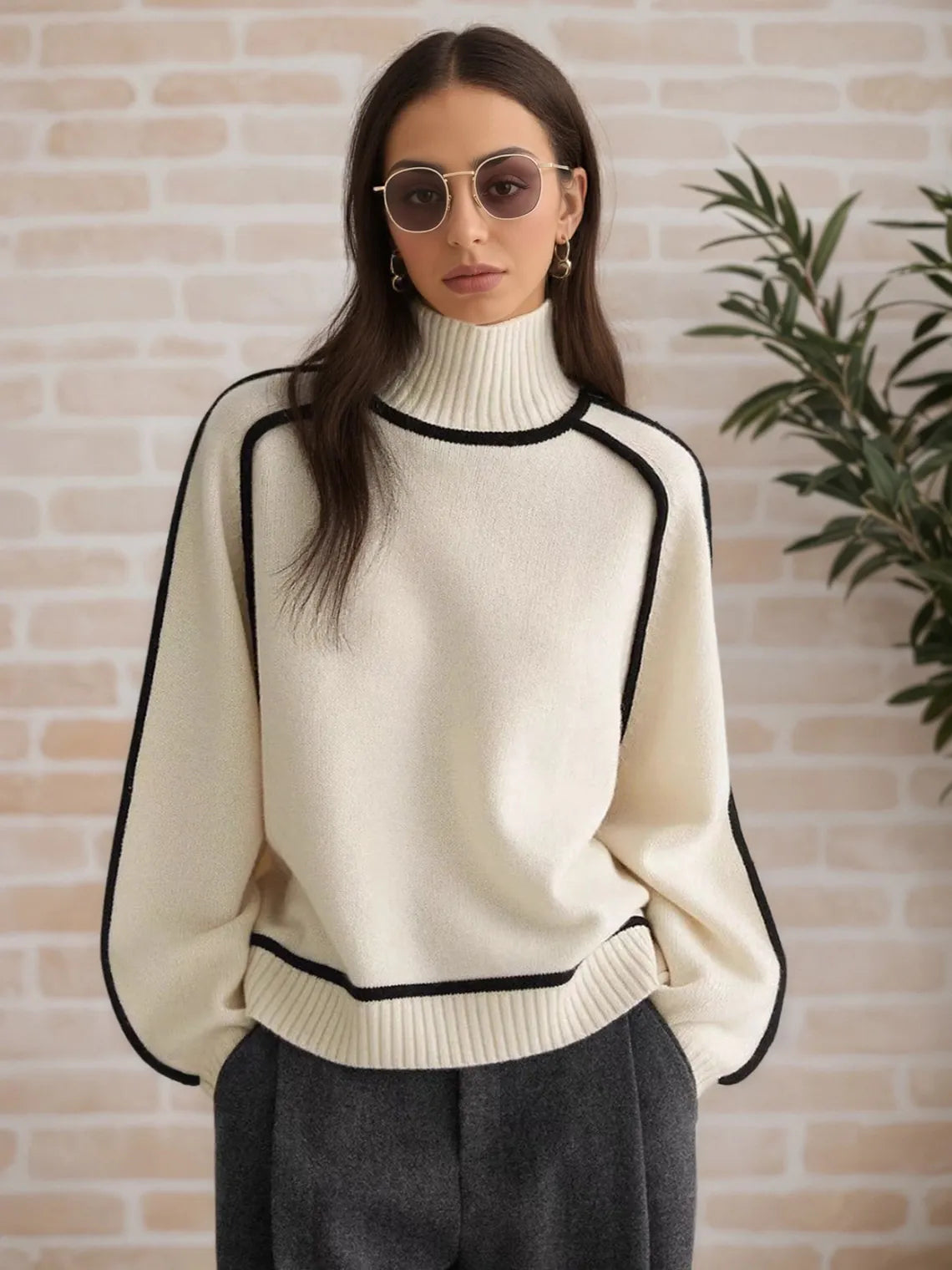 Woman wearing a cream sweater with black trim against a brick wall. #Color_Beige