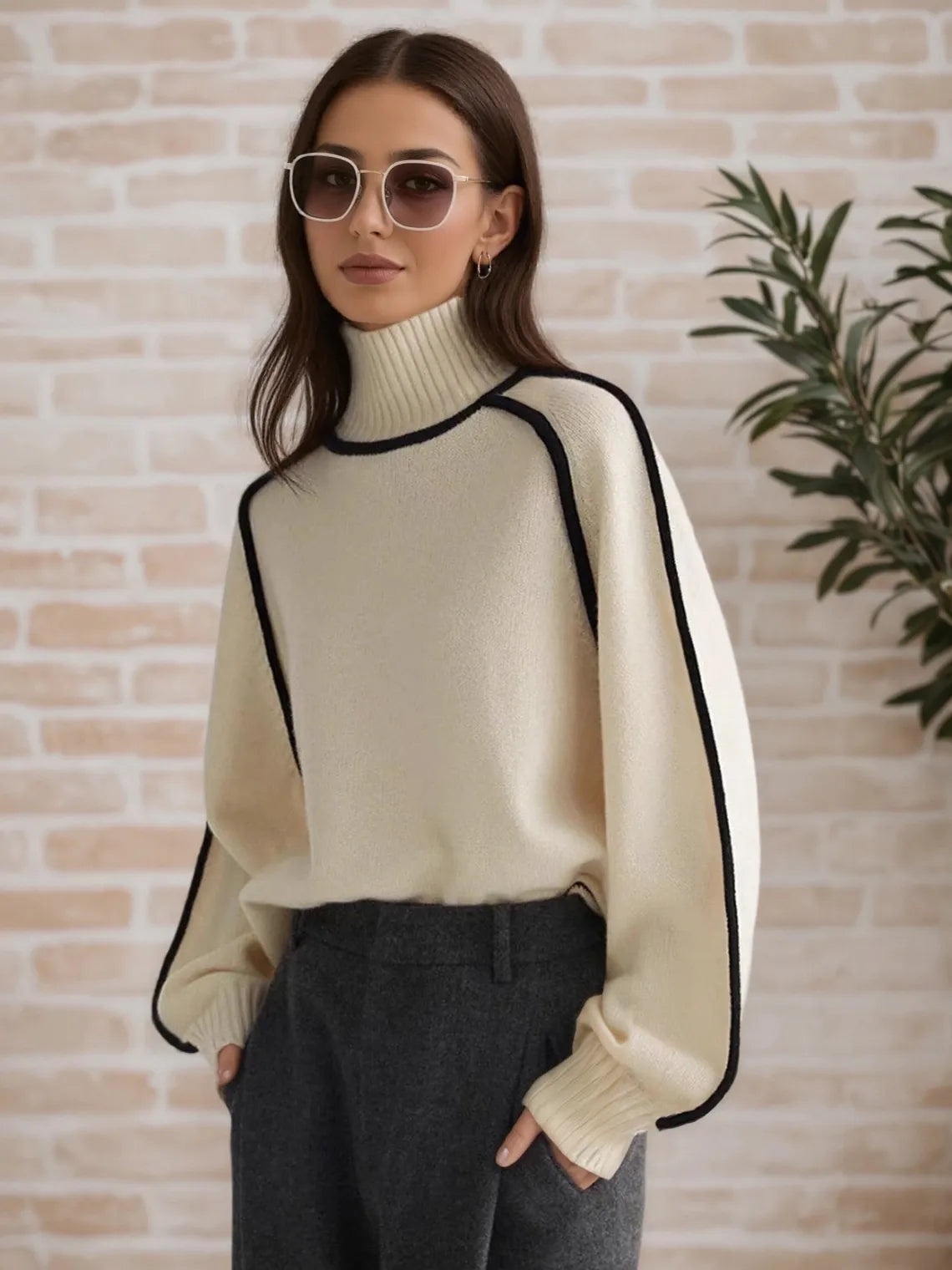 Woman wearing a cream sweater with black trim against a brick wall. #Color_Beige