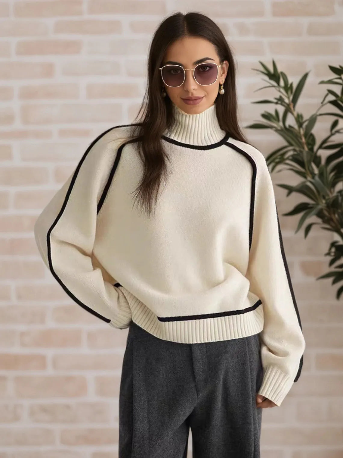Woman wearing a cream sweater with black trim against a brick wall. #Color_Beige