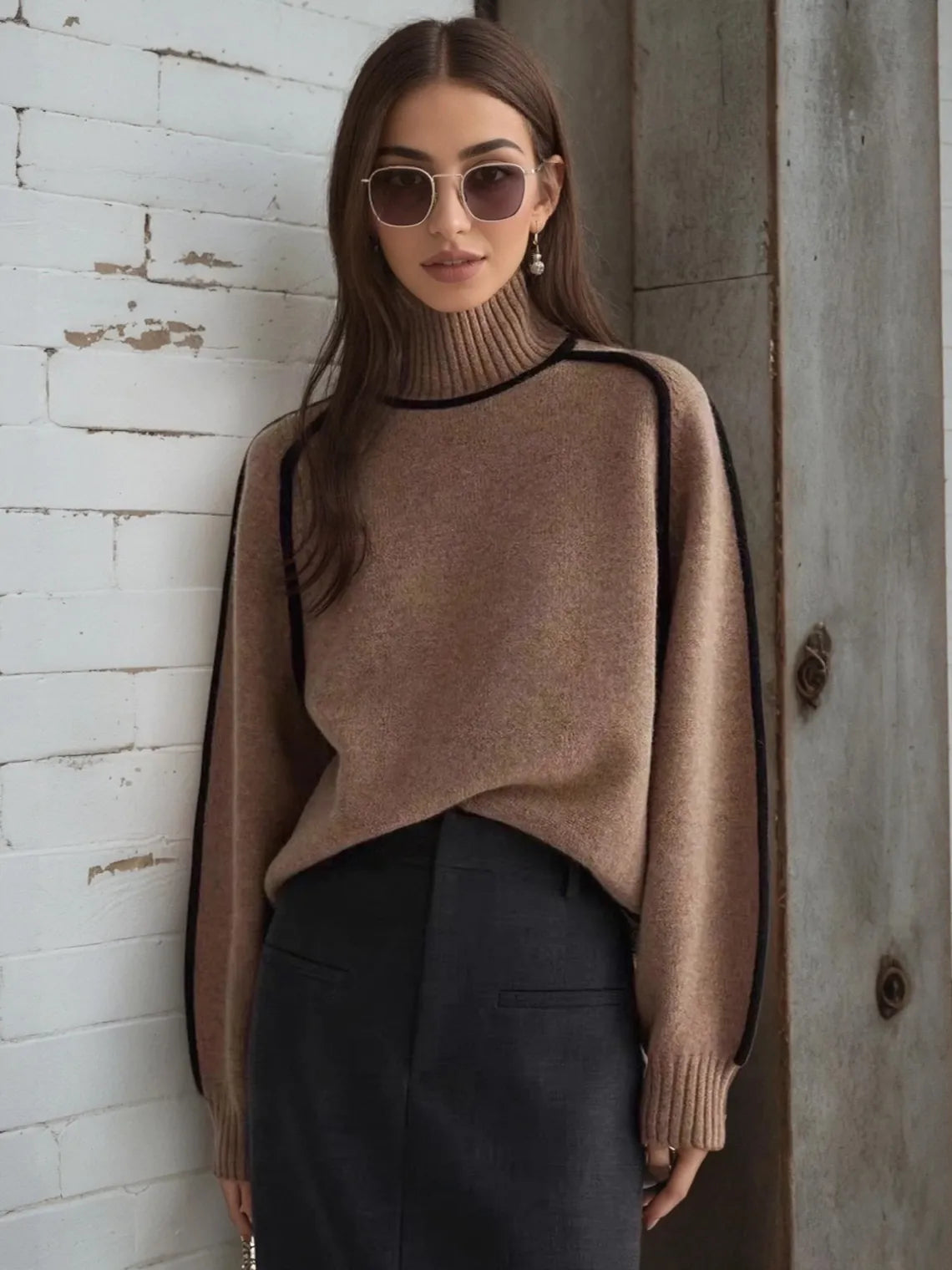 Woman wearing a brown sweater with black trim against a textured wall. #Color_Coffee