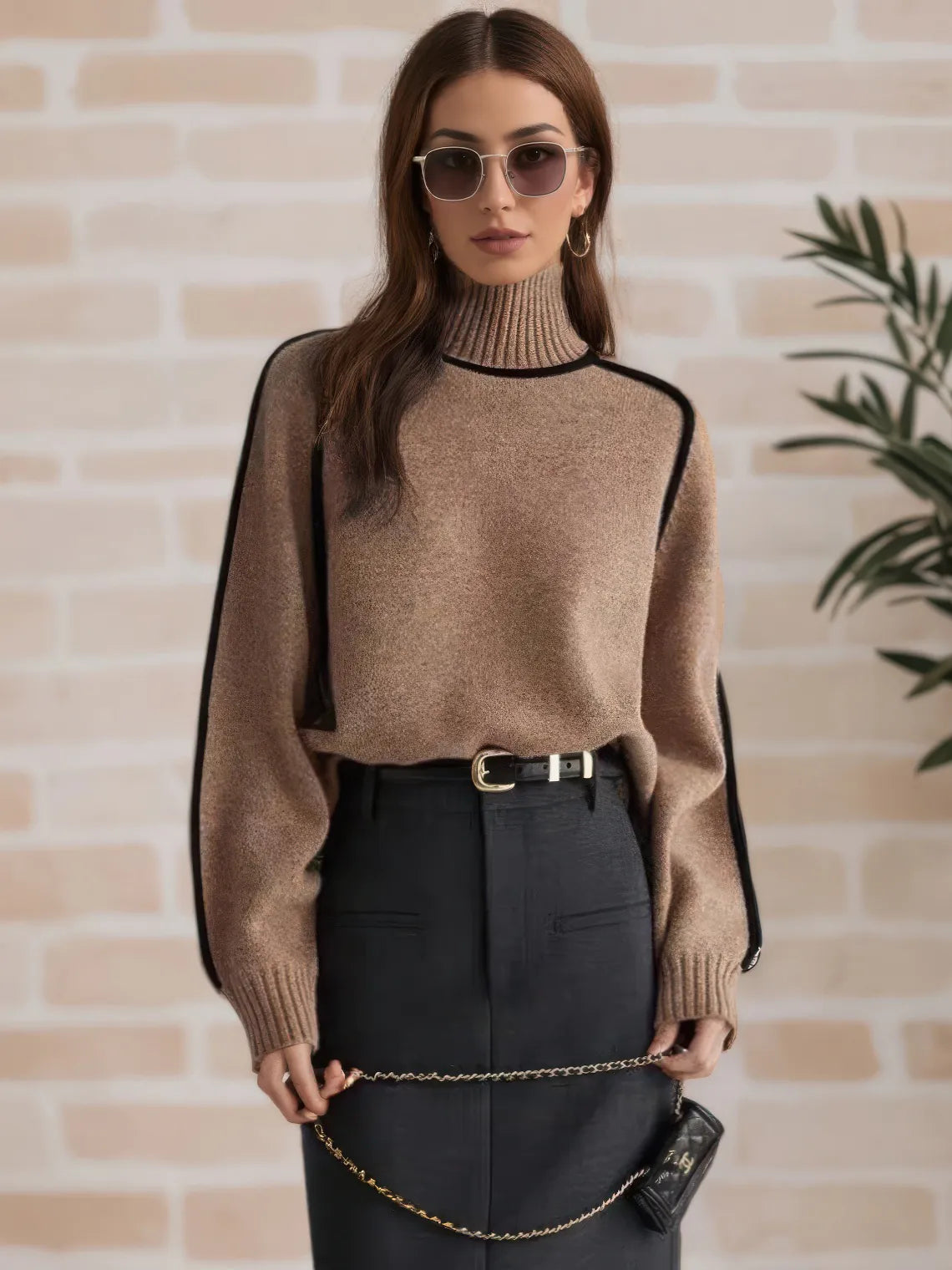 Woman wearing a brown sweater with black accents and black pants against a beige brick wall. #Color_Coffee