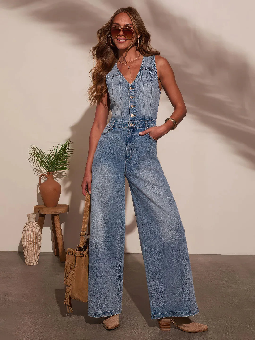 V-Neck Sleeveless Denim Jumpsuit
