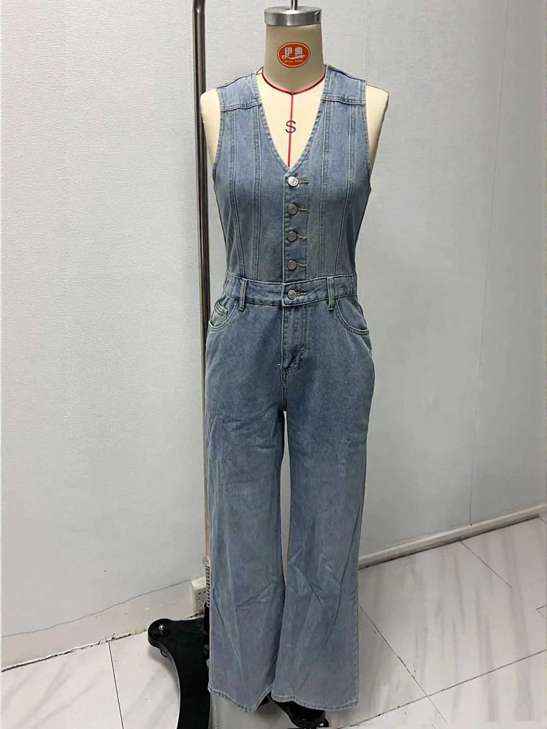 V-Neck Sleeveless Denim Jumpsuit