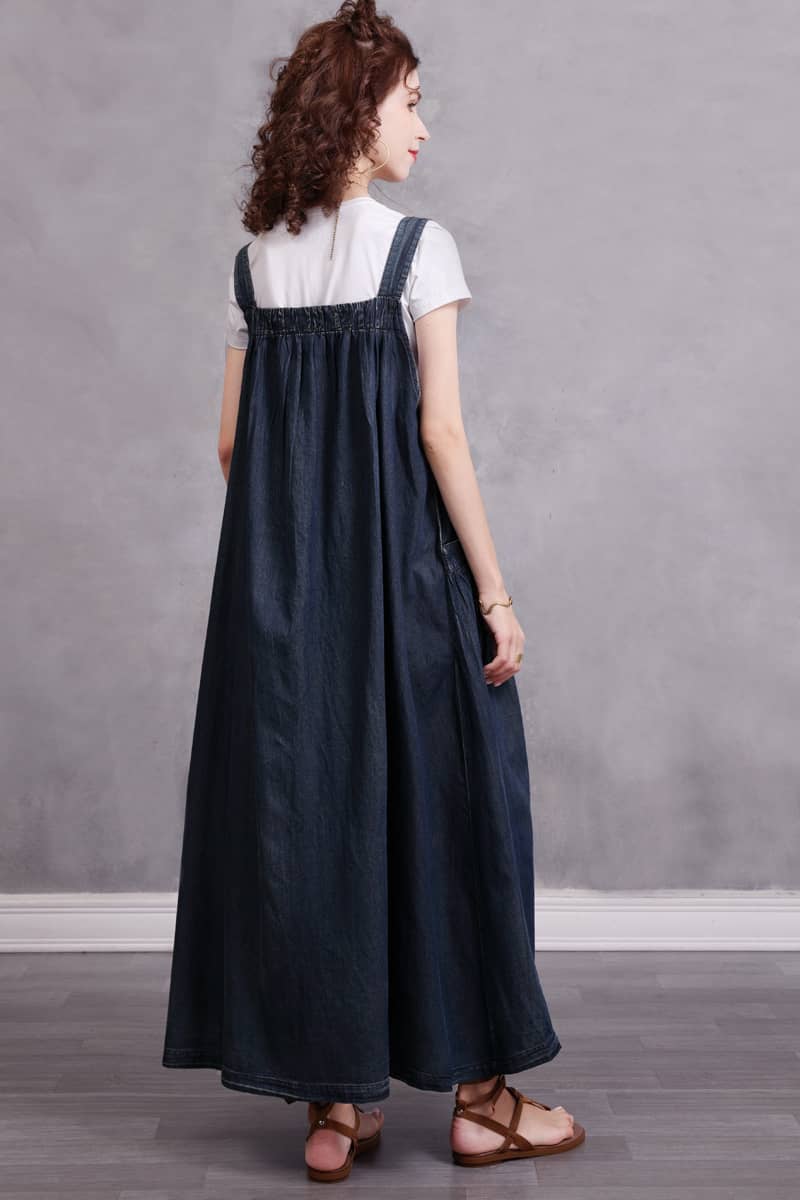 Simple Mid-Length Suspender Dress with a Retro Loose Fit