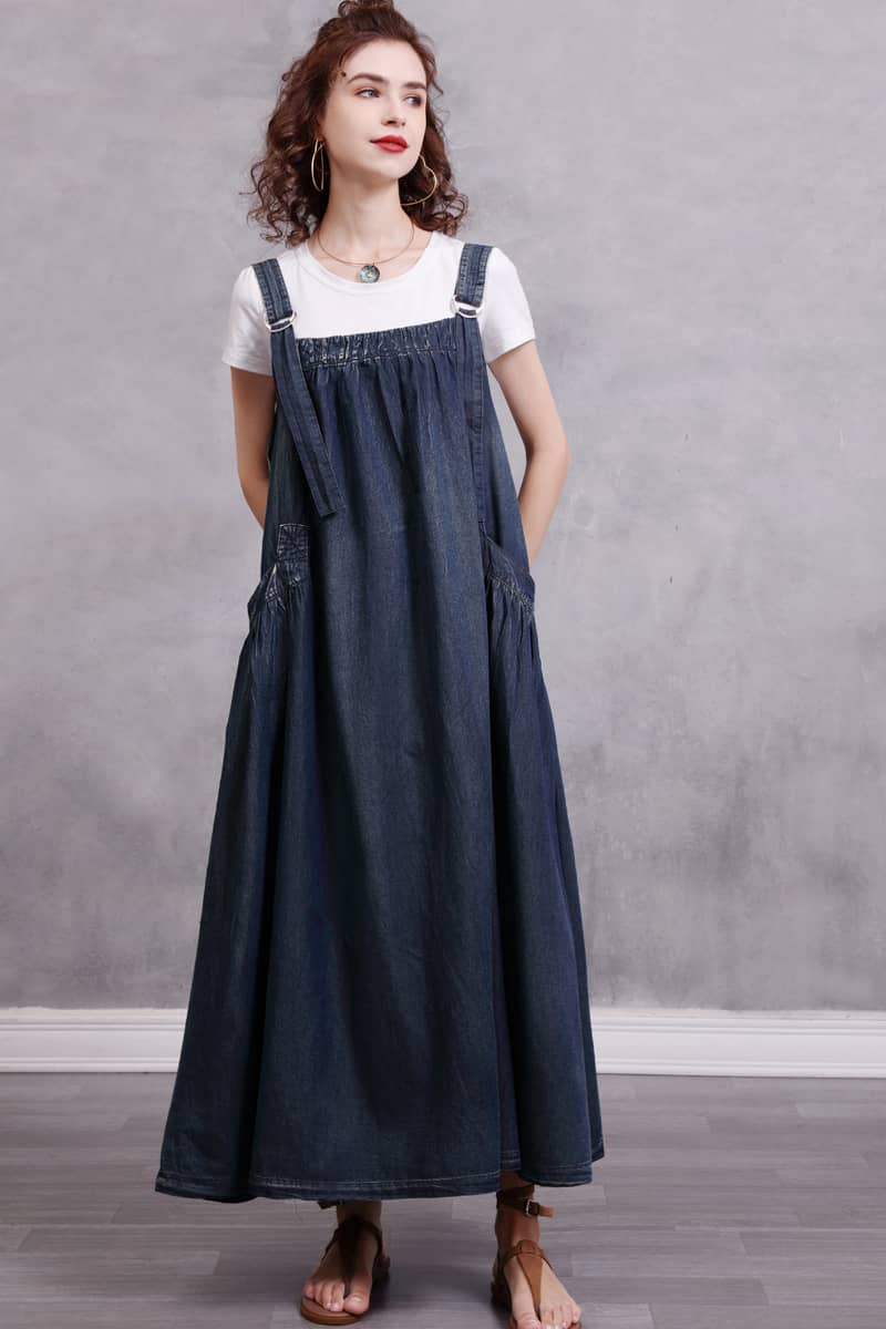 Simple Mid-Length Suspender Dress with a Retro Loose Fit