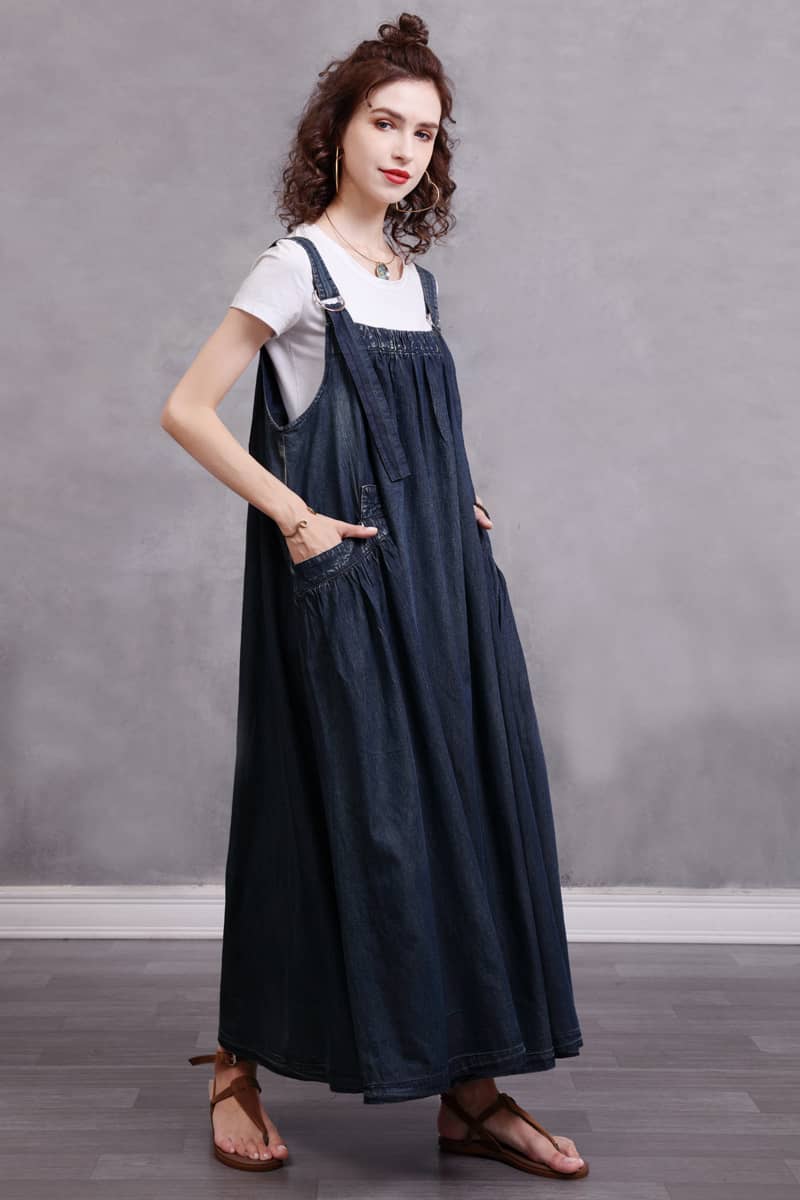 Simple Mid-Length Suspender Dress with a Retro Loose Fit