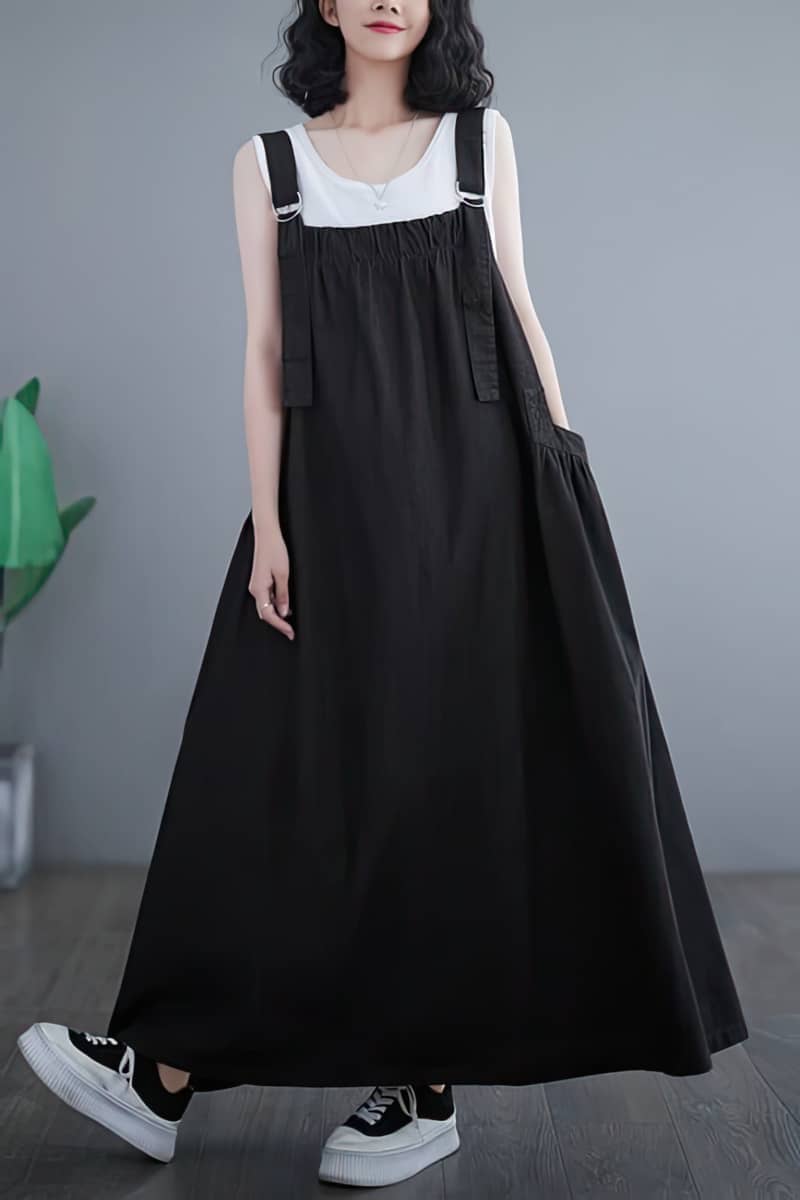 loose fitting denim overall dress with flared hem YonPop loose fitting denim overall dress with flared hem YonPop