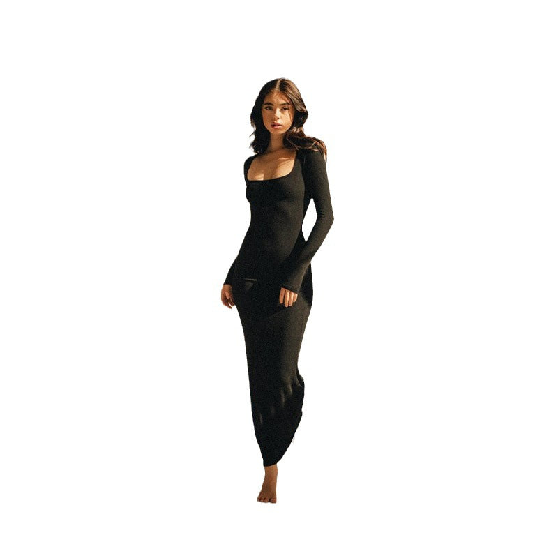 U-neck stretch slim long-sleeve wrap dress