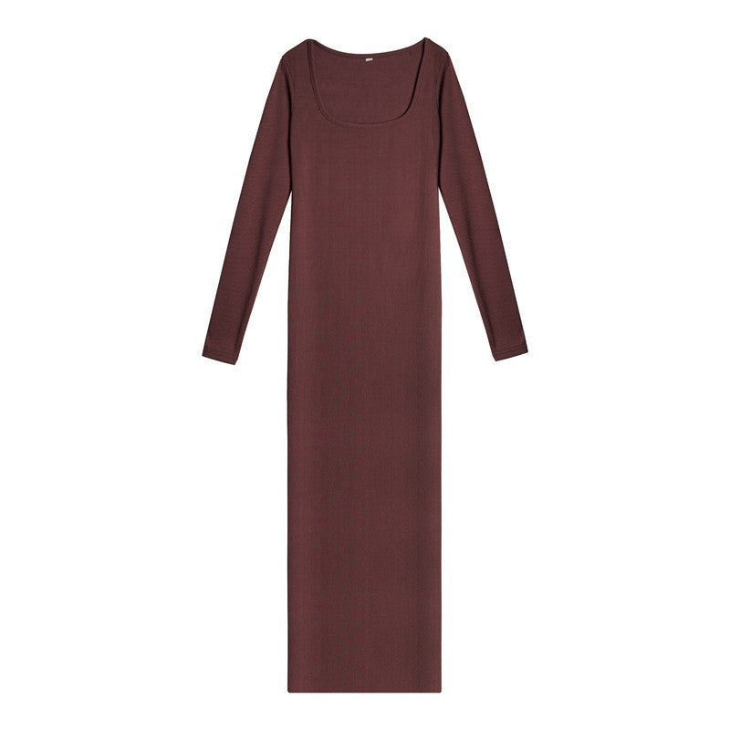 U-neck stretch slim long-sleeve wrap dress