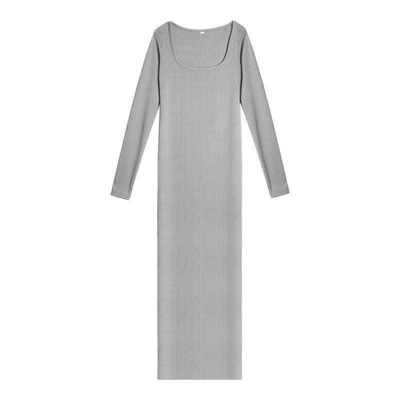 U-neck stretch slim long-sleeve wrap dress