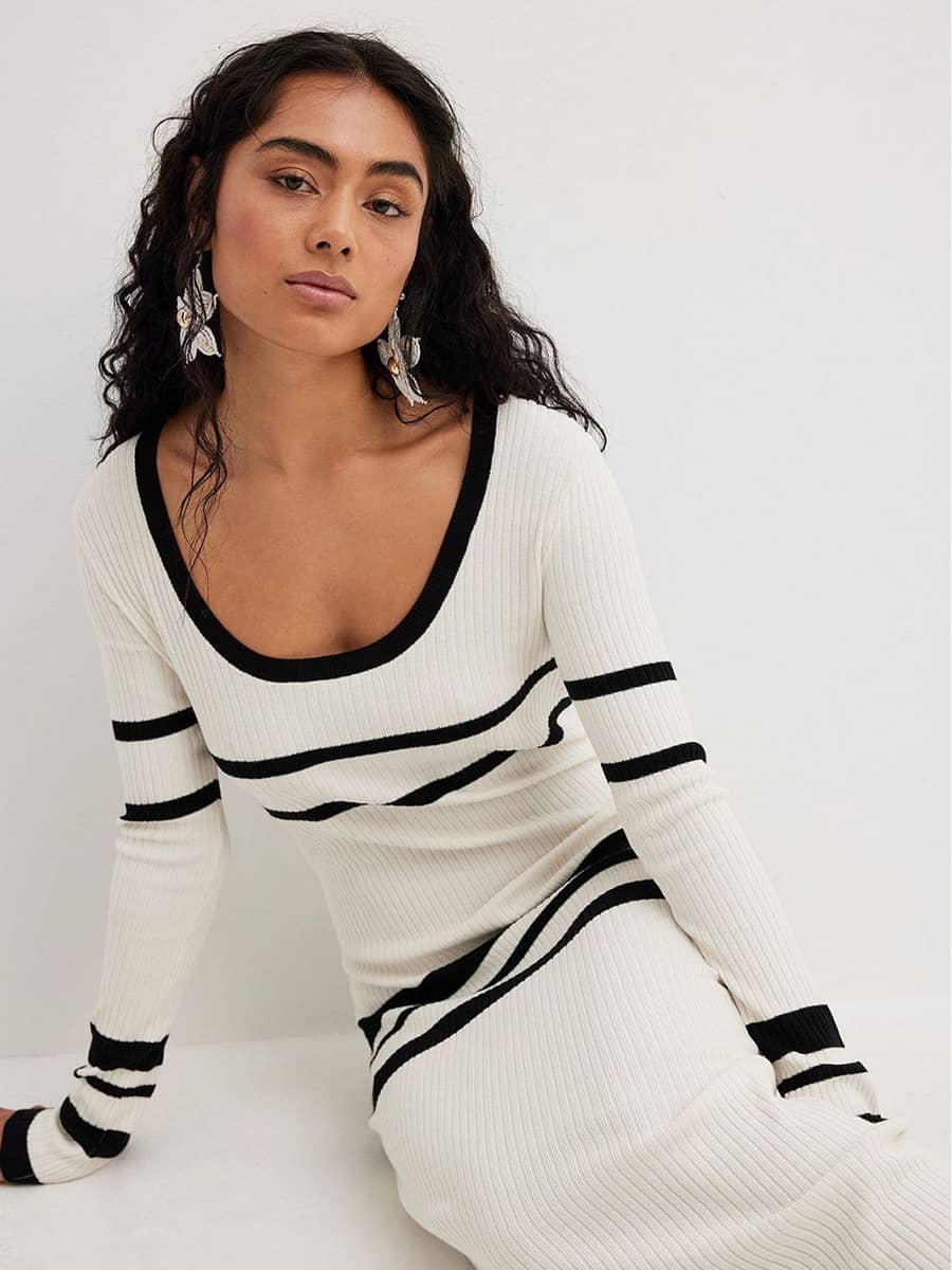 Black and white striped knitted dress