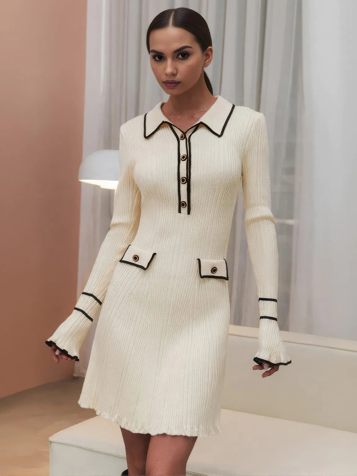 Woman wearing a white dress with black accents in a room with curtains and a lamp. #Color_White