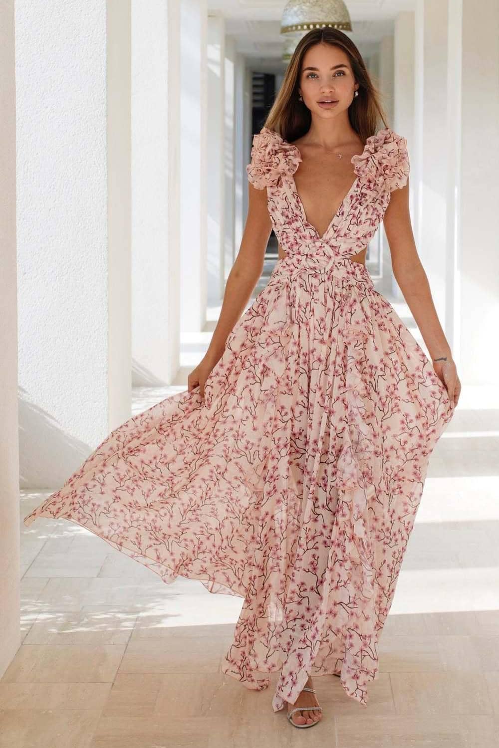 deep v neck floral backless dress YonPop Pink / L deep v neck floral backless dress YonPop Pink / L