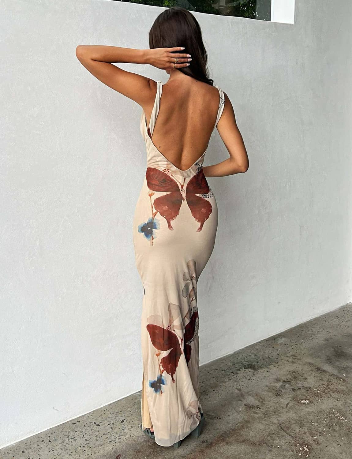 V-neck backless butterfly print slim slit long dress