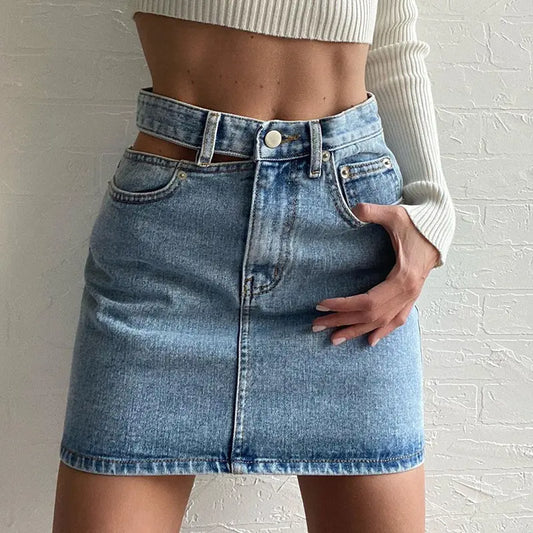 Single-side hollow denim skirt