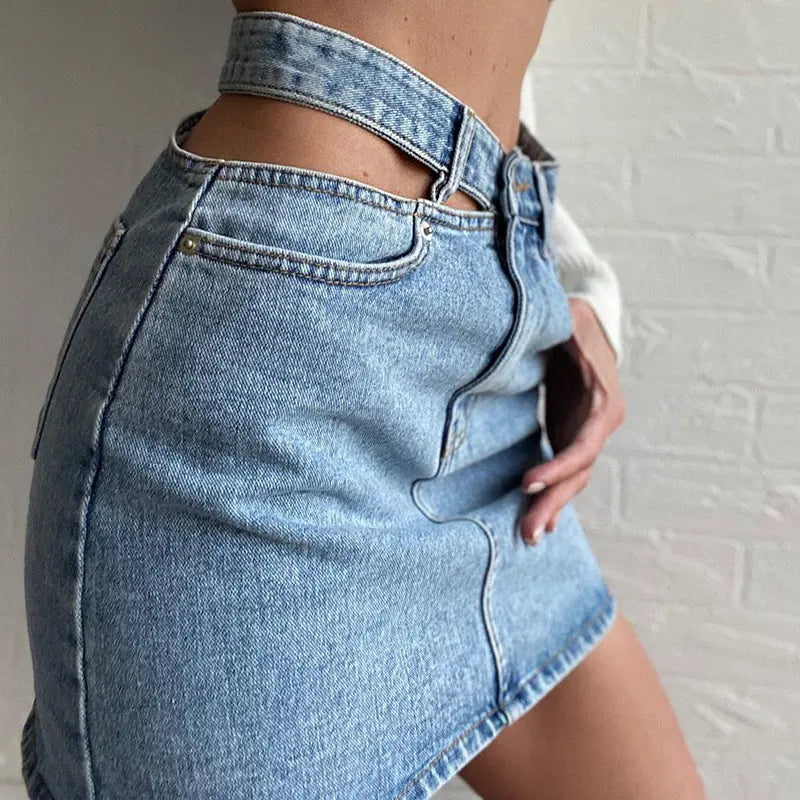 Single-side hollow denim skirt