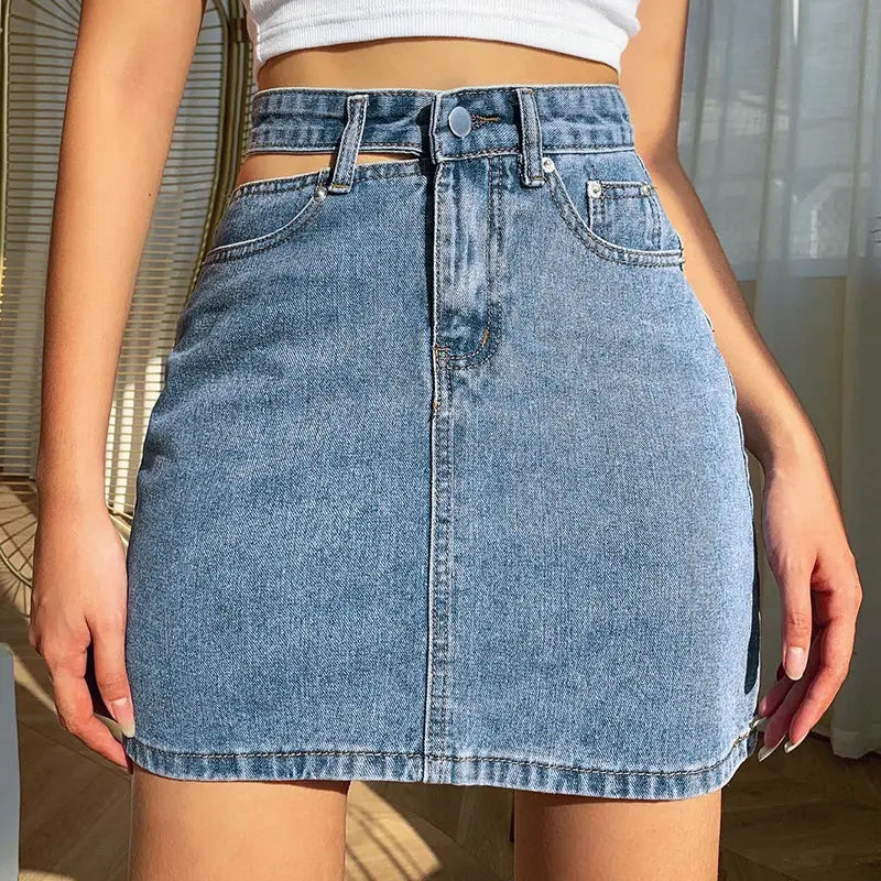 Single-side hollow denim skirt