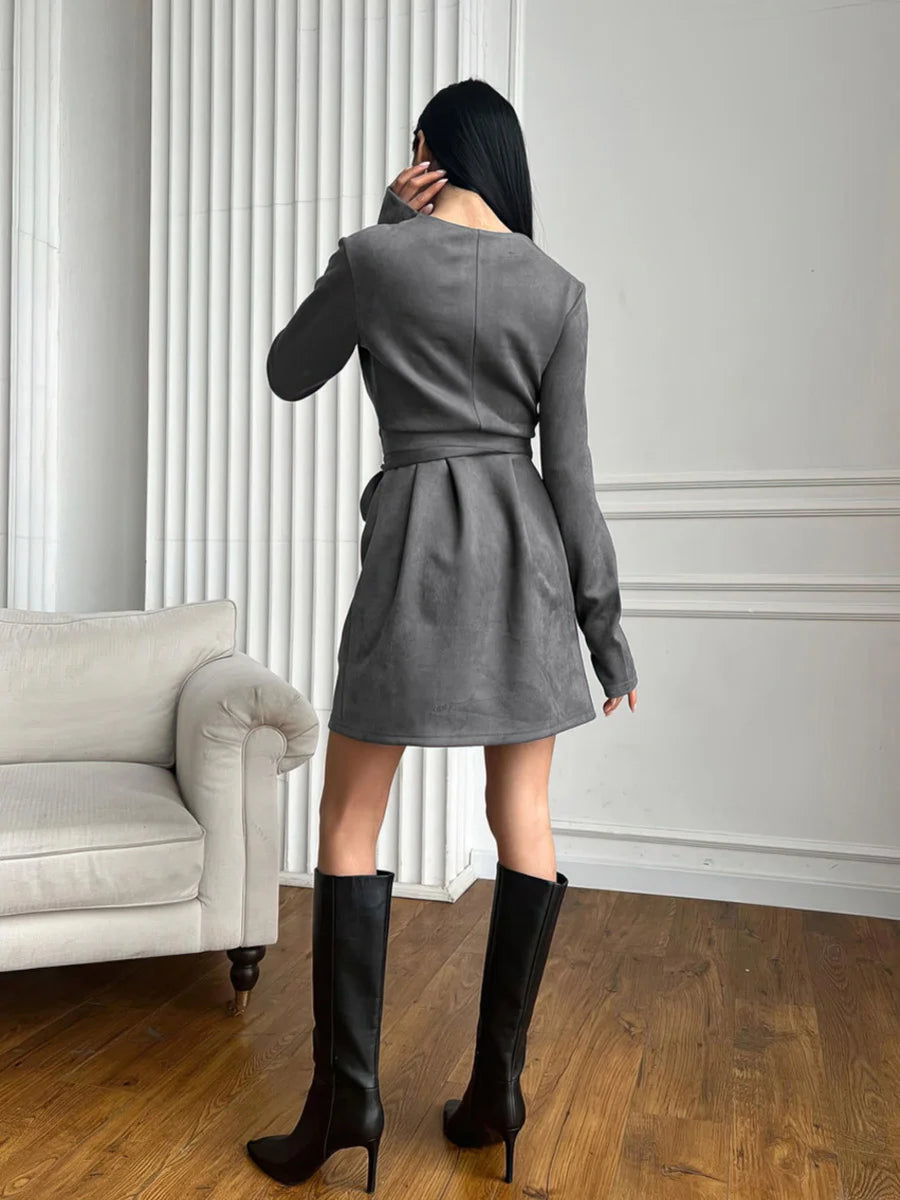 faux suede v neck lace up dress YonPop
