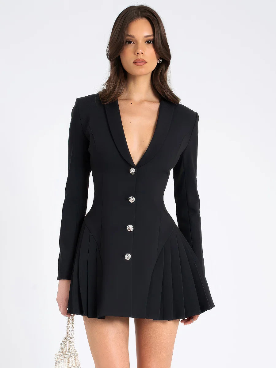 Deep V-neck single-breasted long-sleeved suit dress