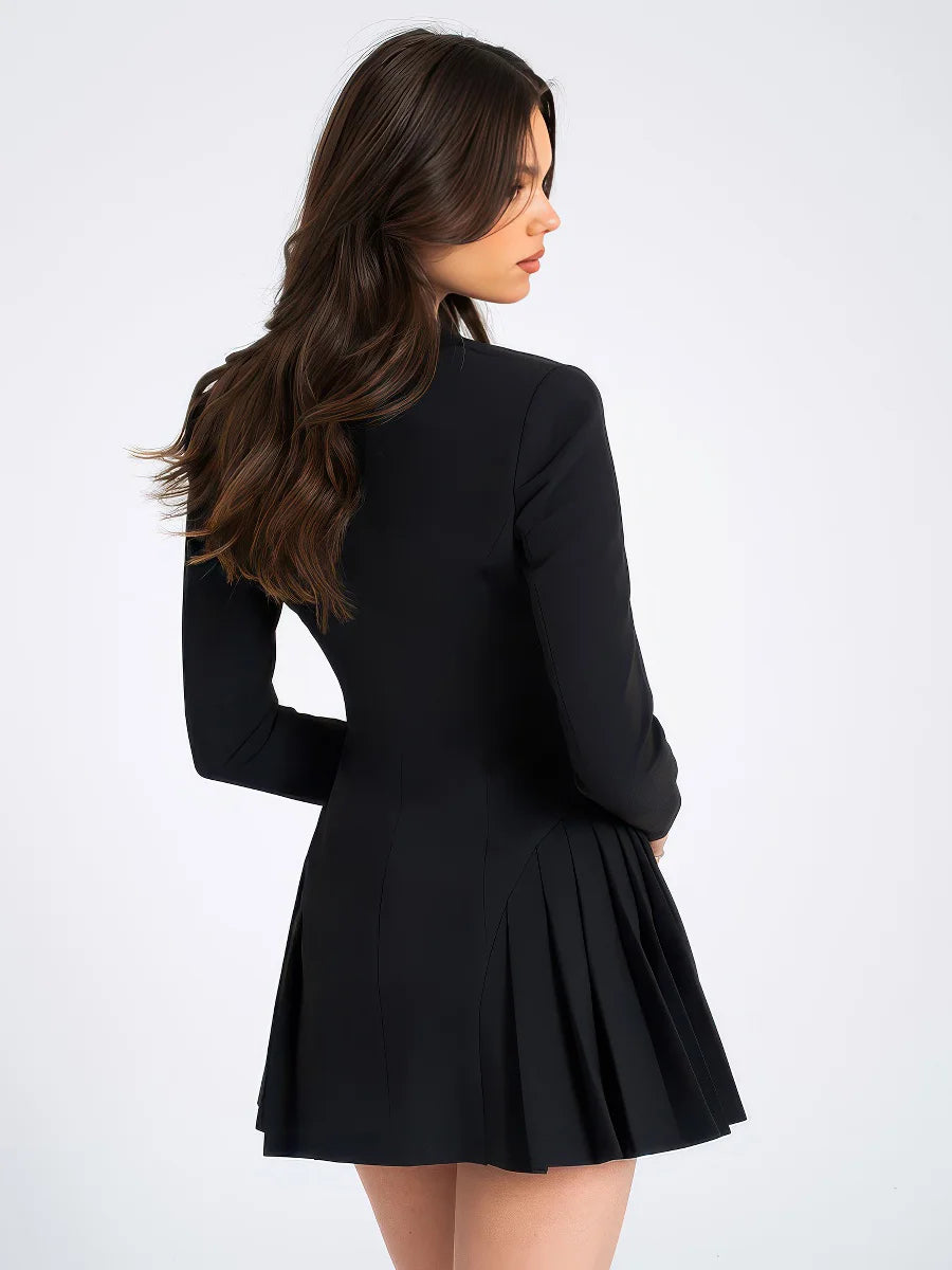 Deep V-neck single-breasted long-sleeved suit dress