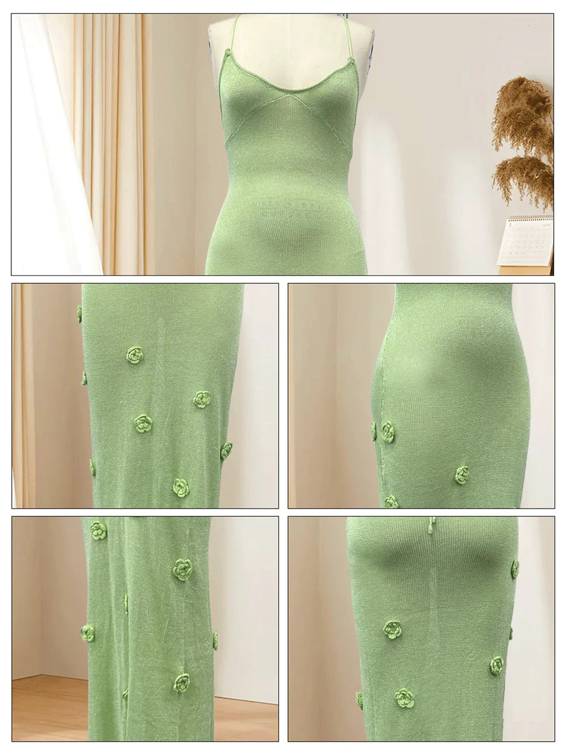 Green dress on a mannequin with close-up details against a neutral background #Color_Green