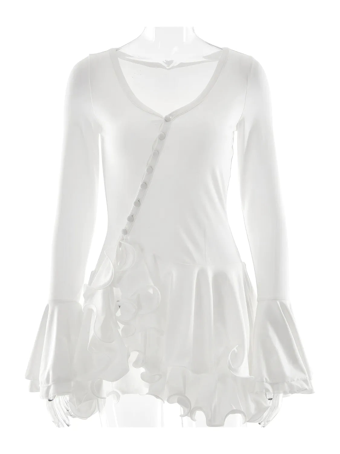 White blouse with ruffled details on a white background. #Color_White