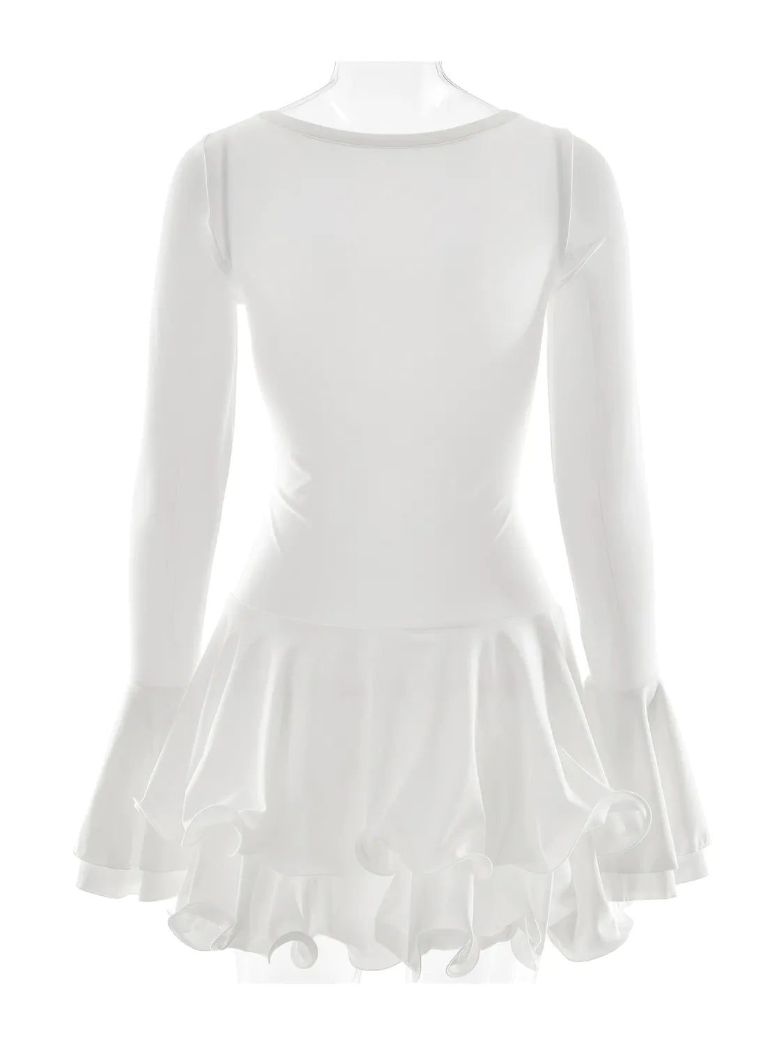 White long-sleeve dress with a ruffled skirt on a white background. #Color_White
