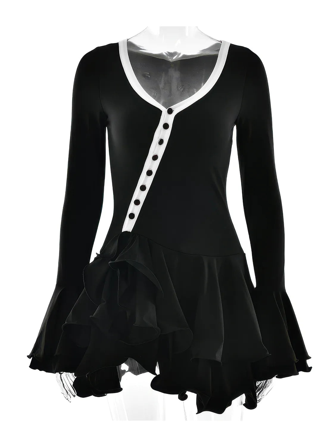 Black dress with white buttons and ruffled skirt on a white background. #Color_Black