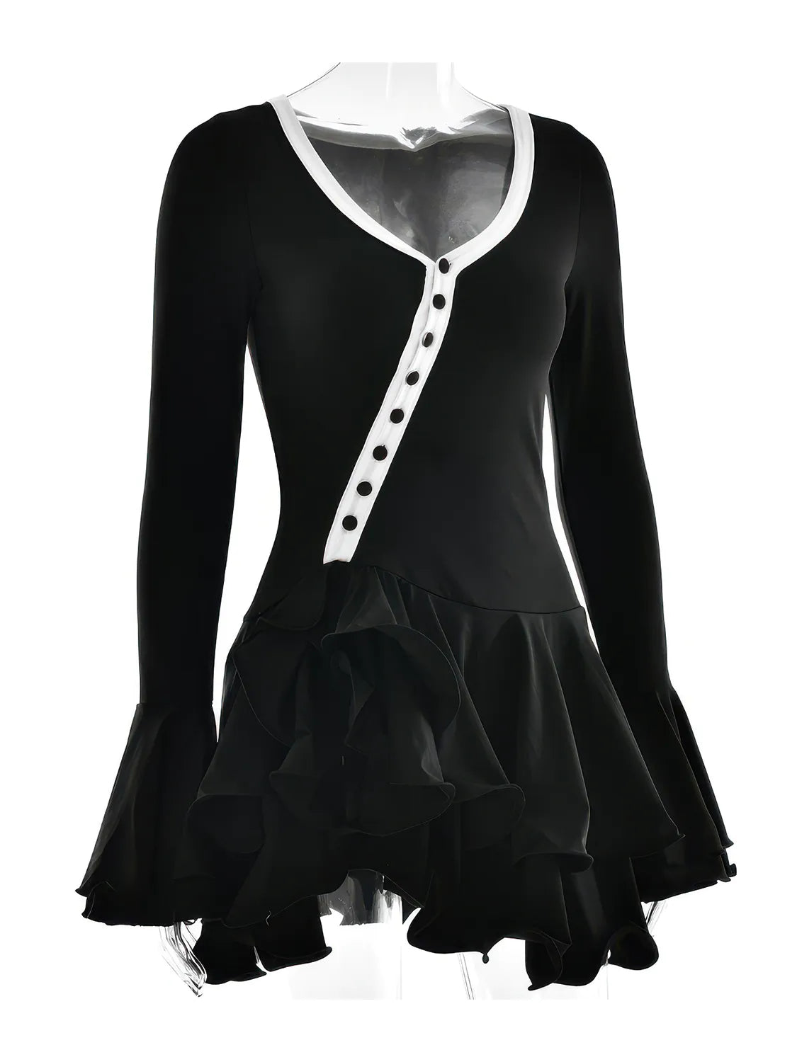 Black dress with white buttons and hem on a white background. #Color_Black