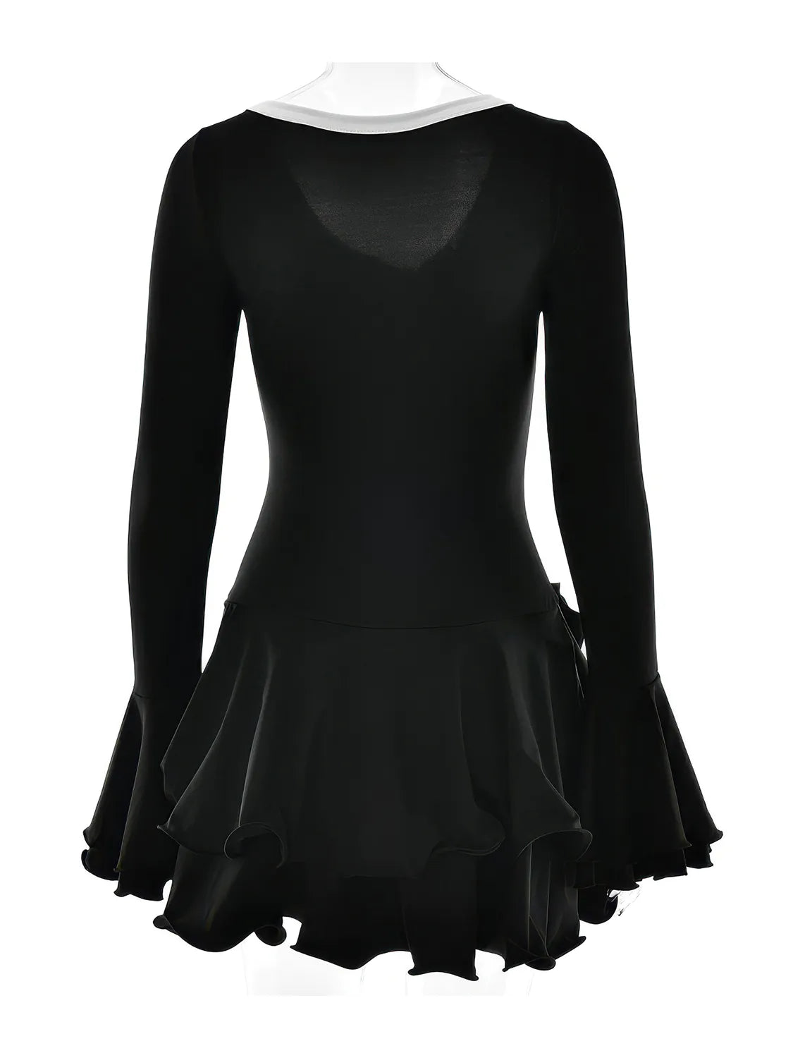 Black long-sleeve dress with a flared skirt on a white background. #Color_Black