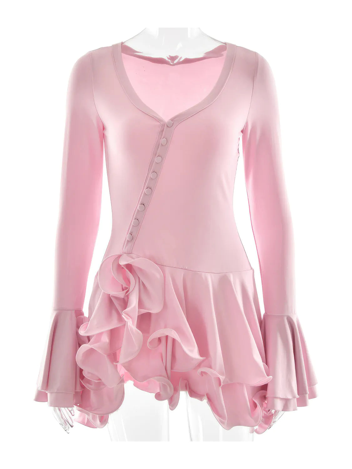 Pink dress with ruffled skirt on a white background. #Color_Pink