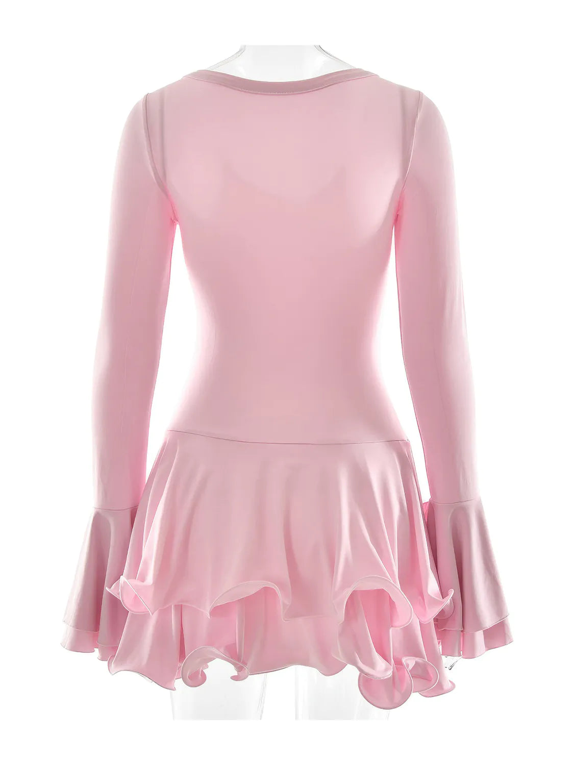 Pink dress with long sleeves and ruffled skirt on a white background. #Color_Pink