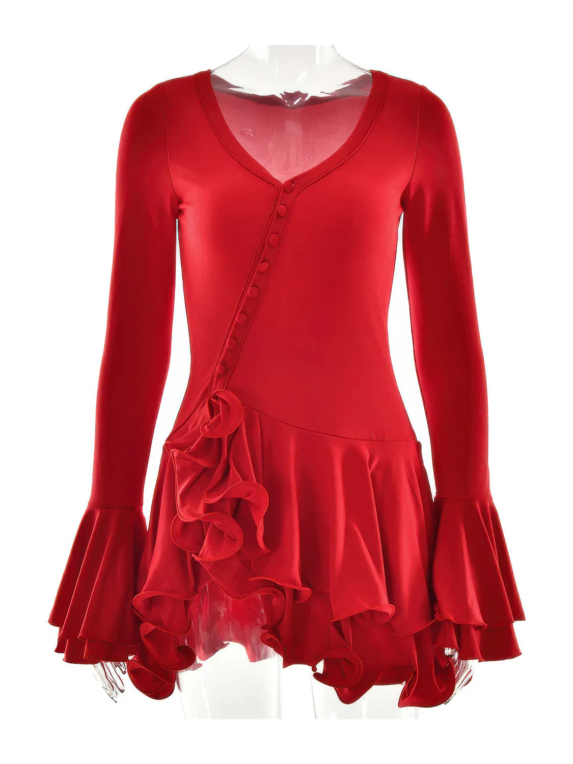 Red dress with ruffled details on a white background. #Color_Red