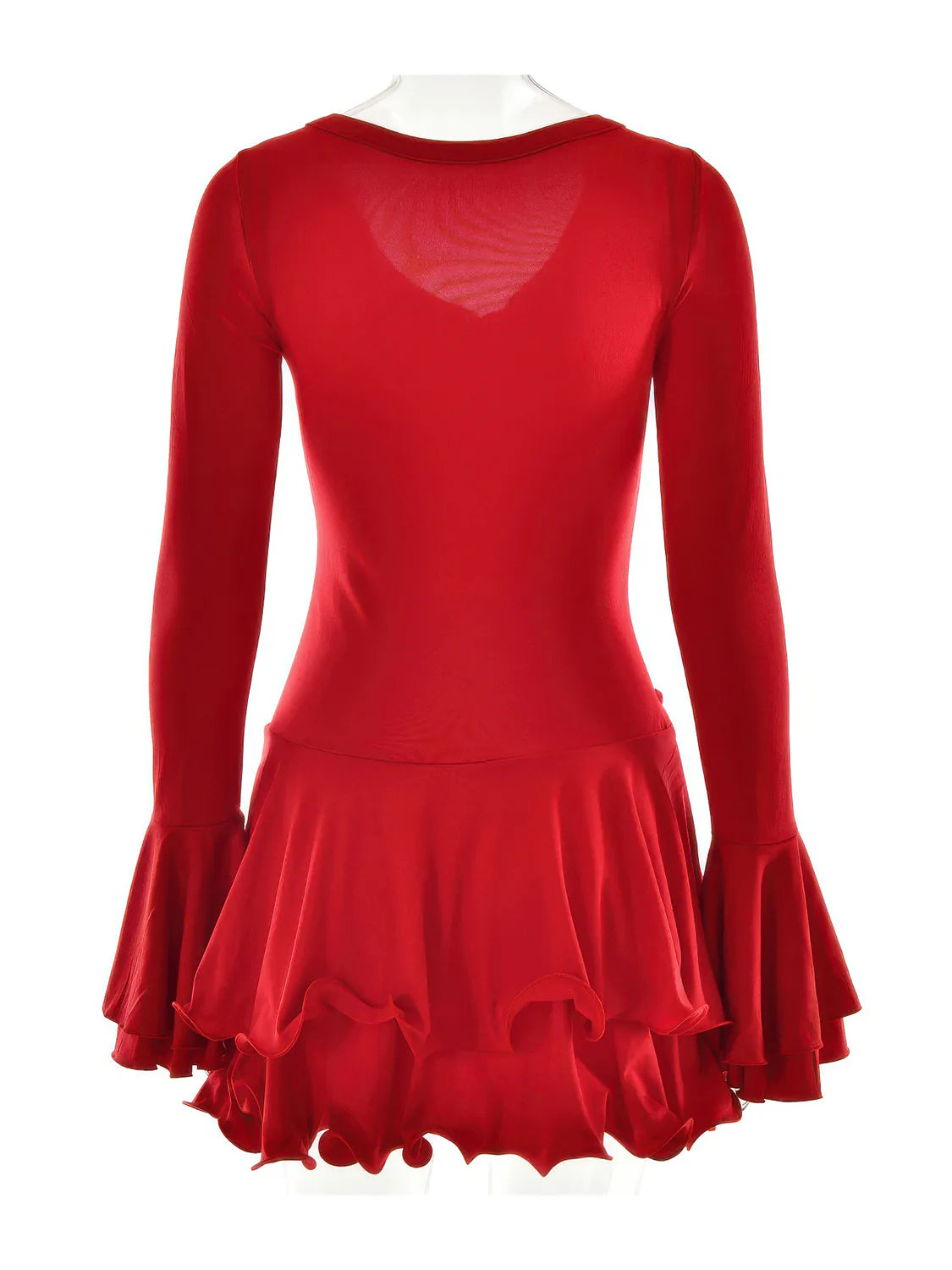 Red dress with long sleeves and a layered skirt on a white background. #Color_Red