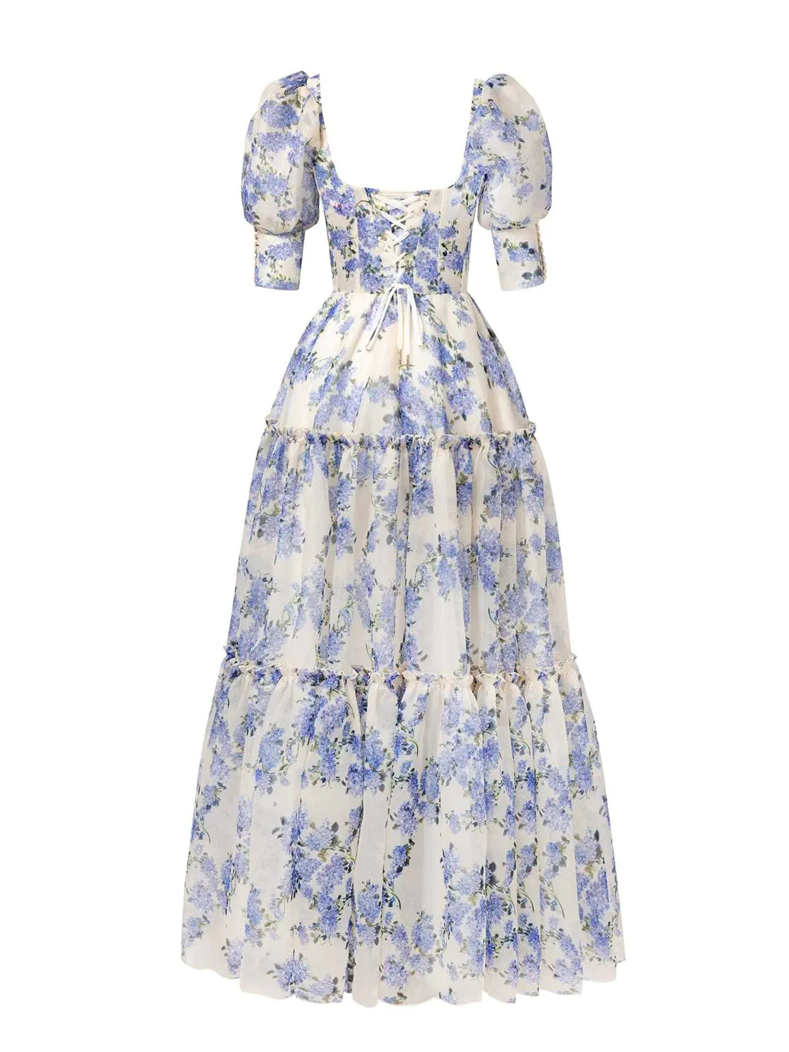 Floral dress with puff sleeves on a white background. #Color_Blue